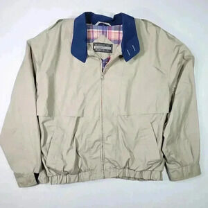 Members Only Mens Embroidered Logo Jacket Large Tan w/Plaid Lining Epaulets READ